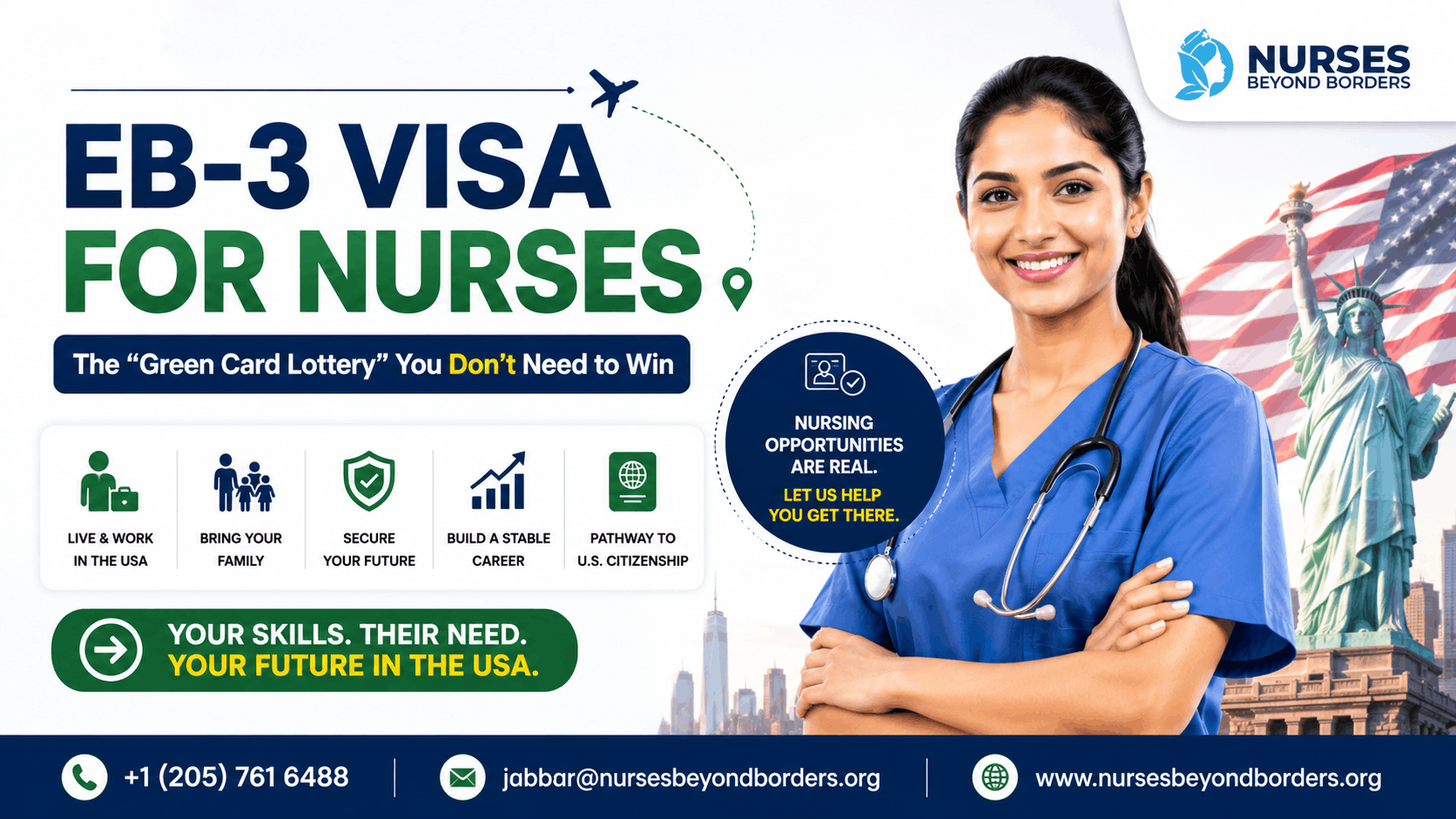 EB-3 Visa for Nurses USA featured image by Nurses Beyond Borders showing international nurse immigration pathway, U.S. Green Card sponsorship, NCLEX preparation, nursing jobs in America, and permanent residency opportunities for foreign nurses.