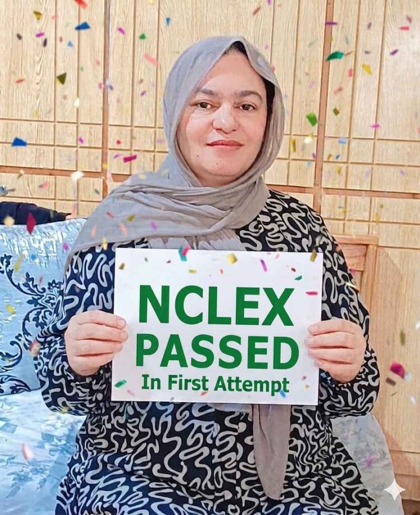 NCLEX passed in first attempt celebration photo of a successful female nursing graduate holding certificate sign with confetti, nursing exam success, healthcare career achievement, proud nurse candidate portrait.