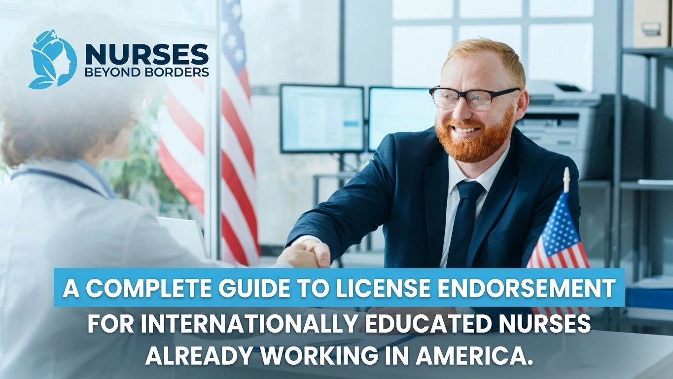 A smiling professional shaking hands with a nurse in an office setting, illustrating a guide to license endorsement for internationally educated nurses already working in America.
