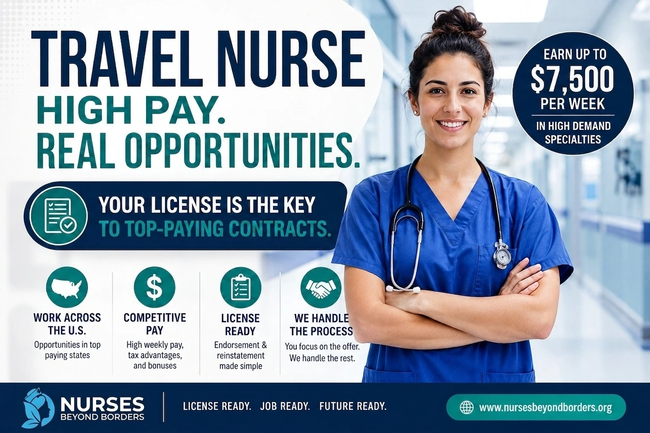 A smiling travel nurse in blue scrubs with arms crossed, promoting high-pay travel nurse contracts and license endorsement opportunities in the U.S.