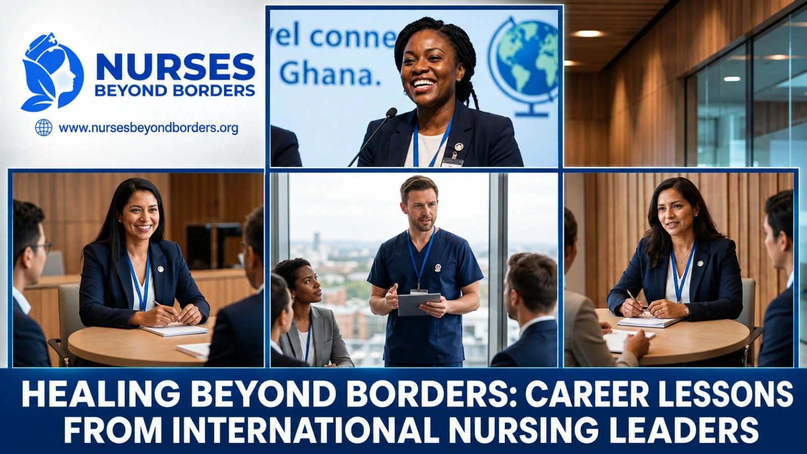 A collage of diverse healthcare executives and nursing professionals in meetings, showcasing career lessons from international nursing leaders.