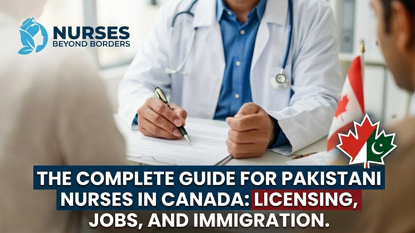 A doctor reviewing paperwork during a consultation, illustrating the complete guide for Pakistani nurses in Canada regarding licensing, jobs, and immigration.