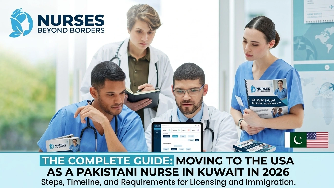 A team of healthcare professionals reviewing a digital system, illustrating the complete guide for moving to the USA as a Pakistani nurse in Kuwait in 2026.