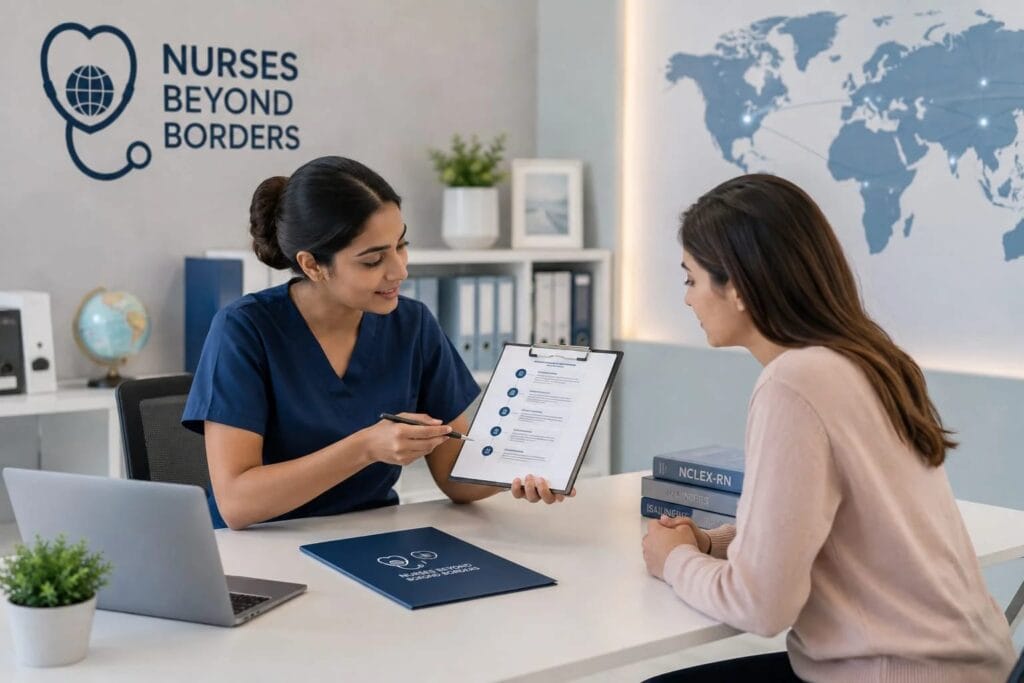 International nurse receiving credentialing and NCLEX guidance from a nursing advisor at Nurses Beyond Borders.