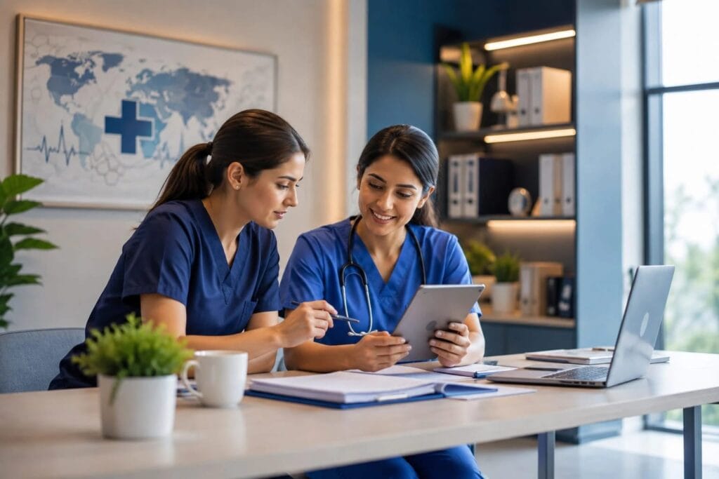 Two nurses reviewing medical information on a tablet together in a professional healthcare setting