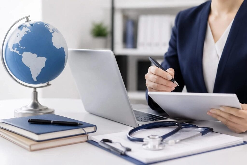 Professional working at a desk with medical tools and a globe for CGFNS and VisaScreen process.