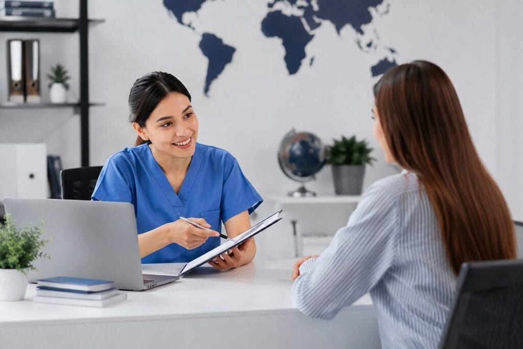 Nurse providing professional guidance to an international nursing candidate during a consultation.