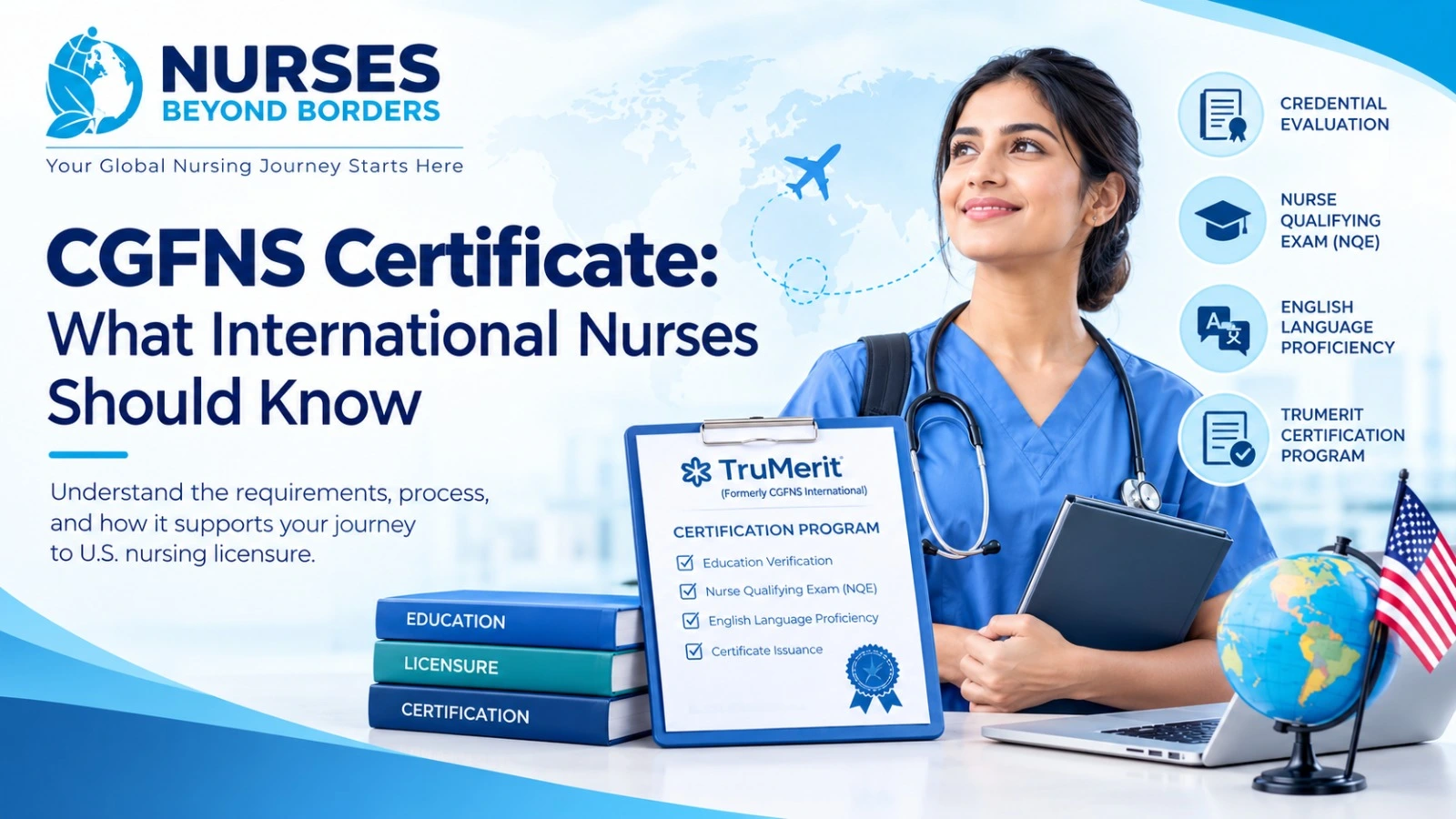 CGFNS Certificate guide by Nurses Beyond Borders featuring a smiling international nurse with a TruMerit checklist.