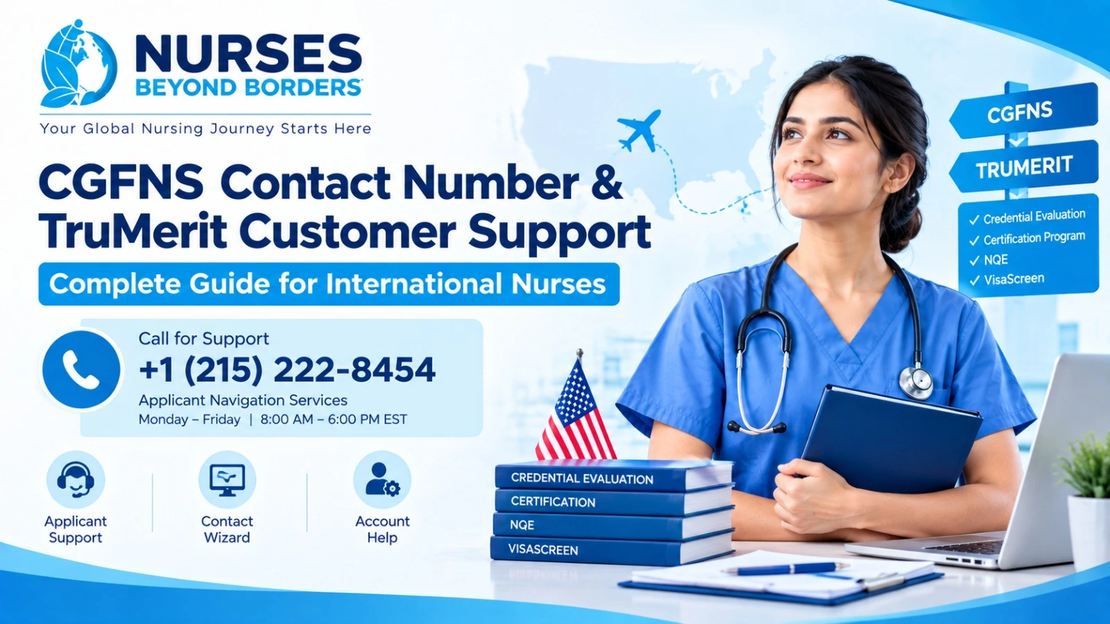 CGFNS contact number and TruMerit customer support guide for international nurses with applicant navigation helpline details