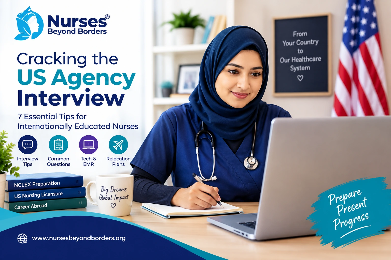 A smiling female nurse in a hijab working on a laptop, illustrating a guide on cracking the US nursing agency interview.